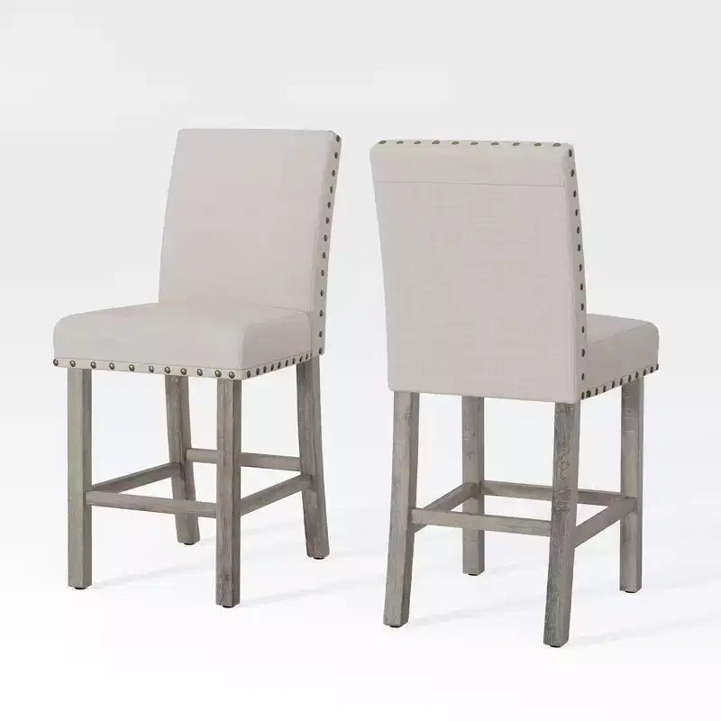 Rustic Log Wood Counter High Stool Set of 2, Farmhouse Upholstered Cushion Dining Chair Armless-Morden Fort