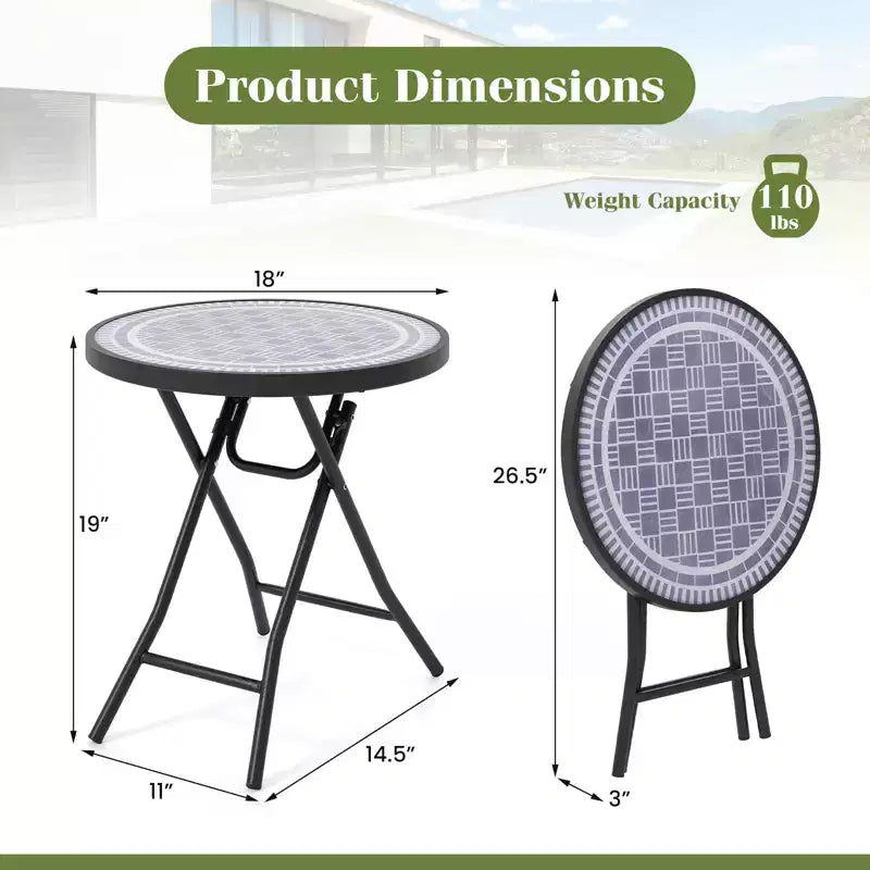 Mesa Auxiliar Plegable Redonda de 18 Pulgadas, Mesa de Centro Compacta con Tapa de Vidrio Templado Negra/Gris