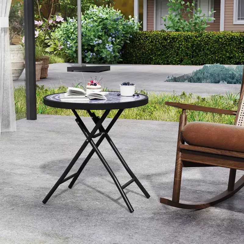 Mesa Auxiliar Plegable Redonda de 18 Pulgadas, Mesa de Centro Compacta con Tapa de Vidrio Templado Negra/Gris