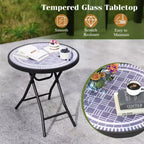 Mesa Auxiliar Plegable Redonda de 18 Pulgadas, Mesa de Centro Compacta con Tapa de Vidrio Templado Negra/Gris