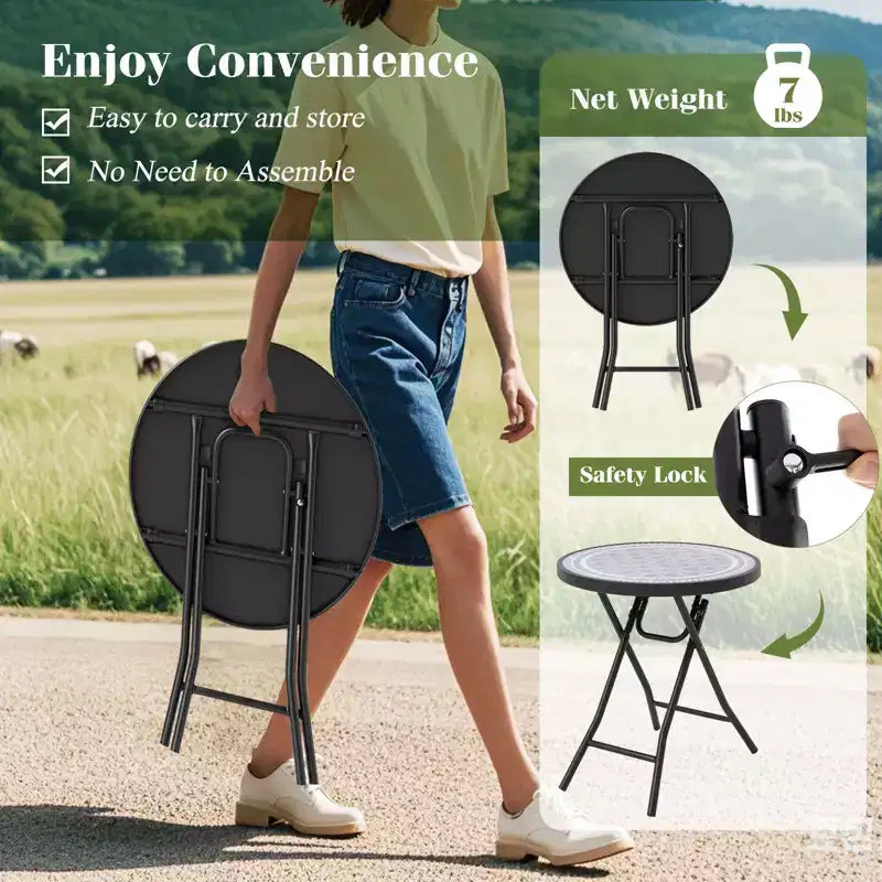 Mesa Auxiliar Plegable Redonda de 18 Pulgadas, Mesa de Centro Compacta con Tapa de Vidrio Templado Negra/Gris