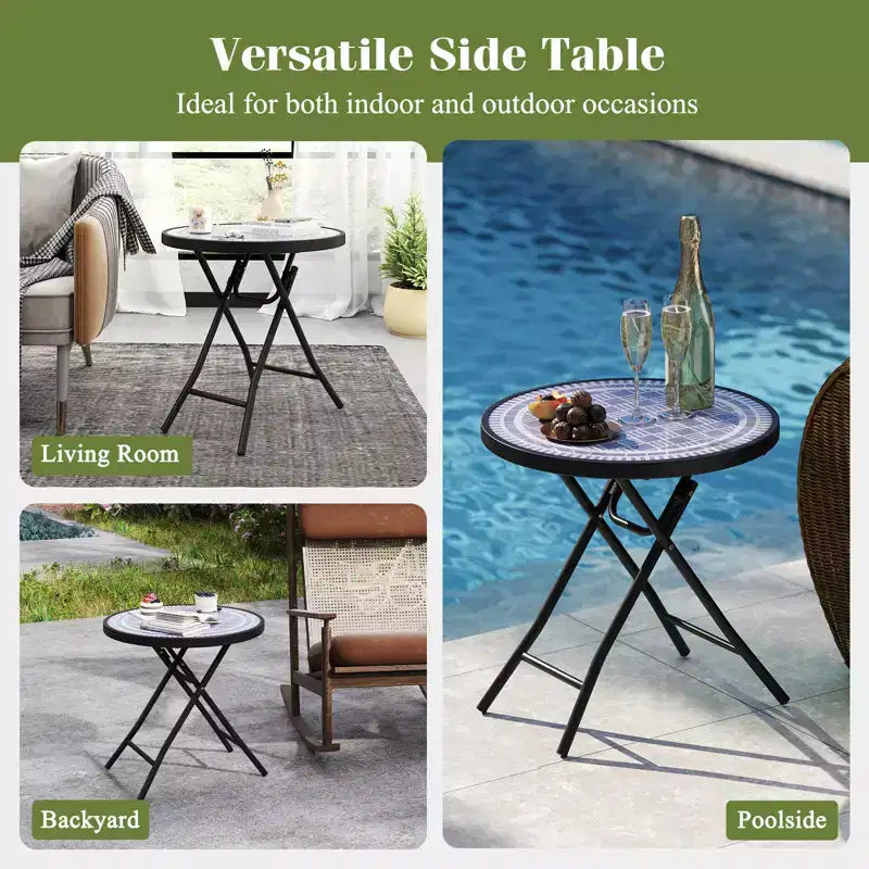 Mesa Auxiliar Plegable Redonda de 18 Pulgadas, Mesa de Centro Compacta con Tapa de Vidrio Templado Negra/Gris