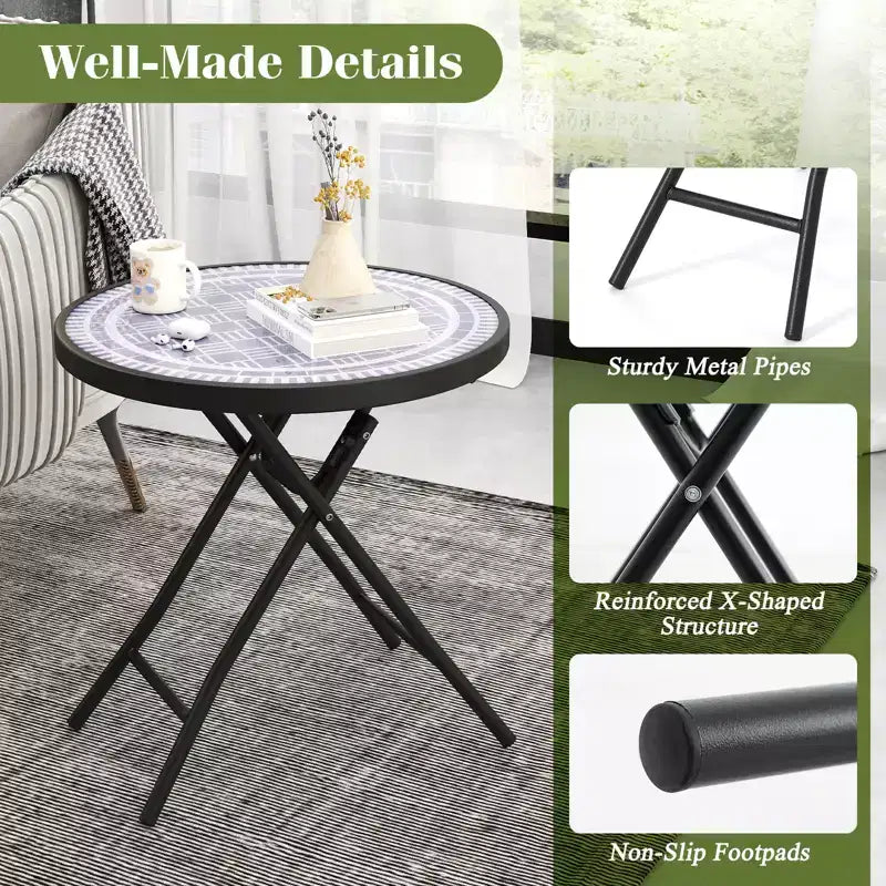 Mesa Auxiliar Plegable Redonda de 18 Pulgadas, Mesa de Centro Compacta con Tapa de Vidrio Templado Negra/Gris