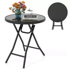 Mesa Auxiliar Plegable Redonda de 18 Pulgadas, Mesa de Centro Compacta con Tapa de Vidrio Templado Negra/Gris