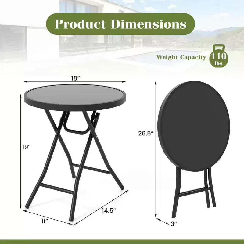 Mesa Auxiliar Plegable Redonda de 18 Pulgadas, Mesa de Centro Compacta con Tapa de Vidrio Templado Negra/Gris