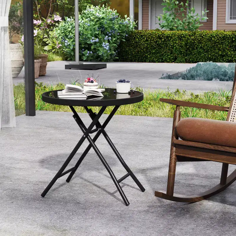 Mesa Auxiliar Plegable Redonda de 18 Pulgadas, Mesa de Centro Compacta con Tapa de Vidrio Templado Negra/Gris