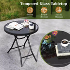 Mesa Auxiliar Plegable Redonda de 18 Pulgadas, Mesa de Centro Compacta con Tapa de Vidrio Templado Negra/Gris