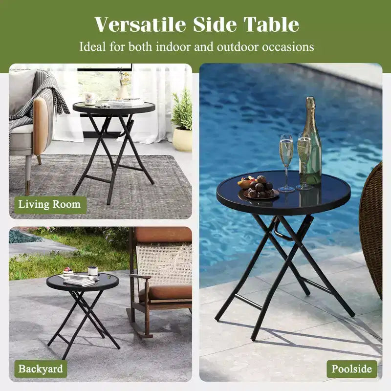 Mesa Auxiliar Plegable Redonda de 18 Pulgadas, Mesa de Centro Compacta con Tapa de Vidrio Templado Negra/Gris