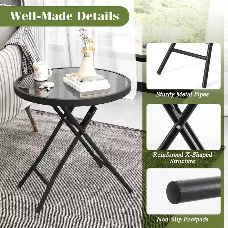 Mesa Auxiliar Plegable Redonda de 18 Pulgadas, Mesa de Centro Compacta con Tapa de Vidrio Templado Negra/Gris