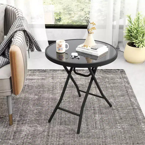 Costway 18 Folding Side Table Round Compact Coffee Table with Tempered Glass Tabletop Black/Gray