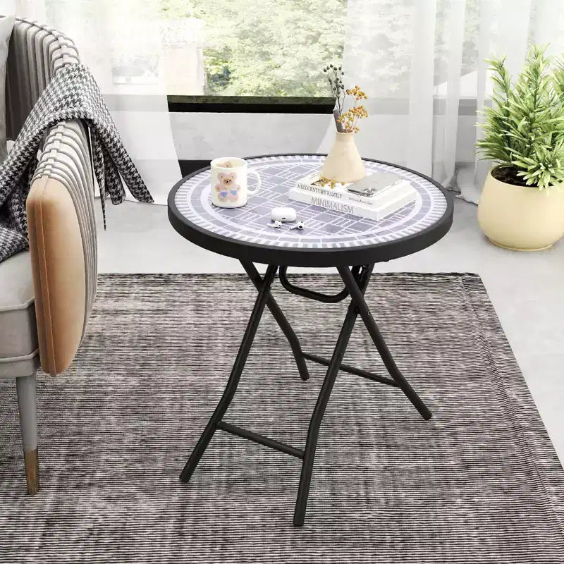 Mesa Auxiliar Plegable Redonda de 18 Pulgadas, Mesa de Centro Compacta con Tapa de Vidrio Templado Negra/Gris