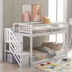 Twin over Twin Floor Bunk Bed in White, featuring Ladder with Storage