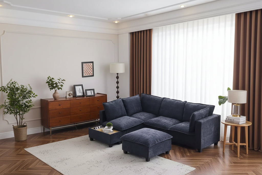 90W U-Shaped Sectional Sofa Modular Sofa Couch with a Movable Ottoman & a Coffee Table with Hidden Charging Devices - ModernLuxe