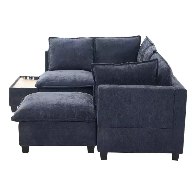 Sofá Seccional Modular en Forma de U de 90 W con Otomana Movible y Mesa de Centro con Dispositivos de Carga Ocultos