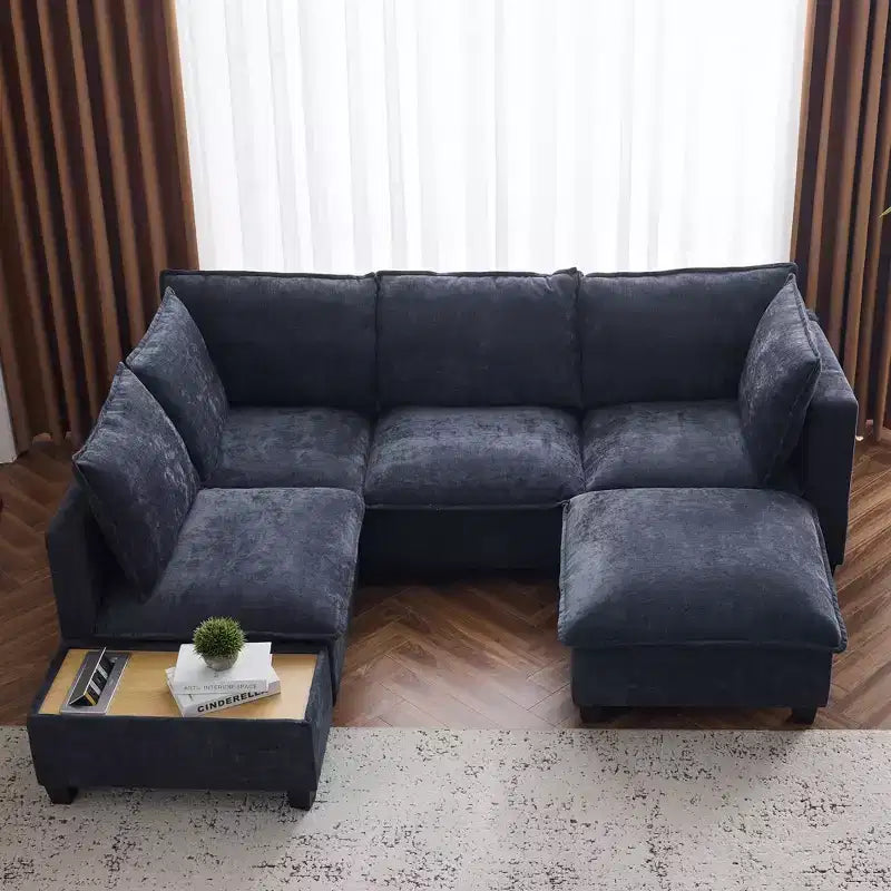 Sofá Seccional Modular en Forma de U de 90 W con Otomana Movible y Mesa de Centro con Dispositivos de Carga Ocultos