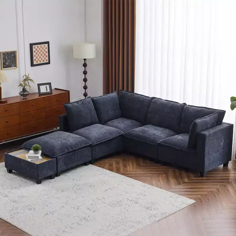 Sofá Seccional Modular en Forma de U de 90 W con Otomana Movible y Mesa de Centro con Dispositivos de Carga Ocultos