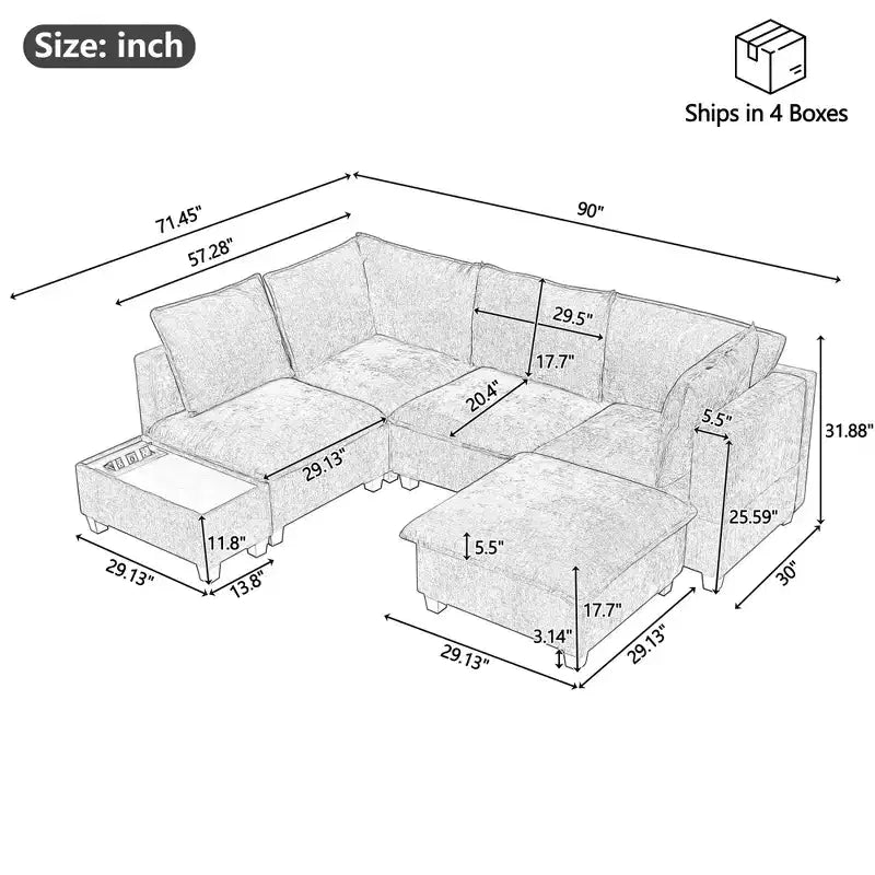 Sofá Seccional Modular en Forma de U de 90 W con Otomana Movible y Mesa de Centro con Dispositivos de Carga Ocultos