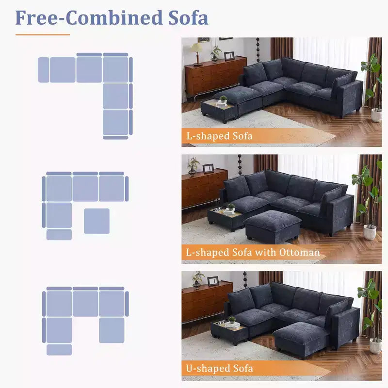 Sofá Seccional Modular en Forma de U de 90 W con Otomana Movible y Mesa de Centro con Dispositivos de Carga Ocultos