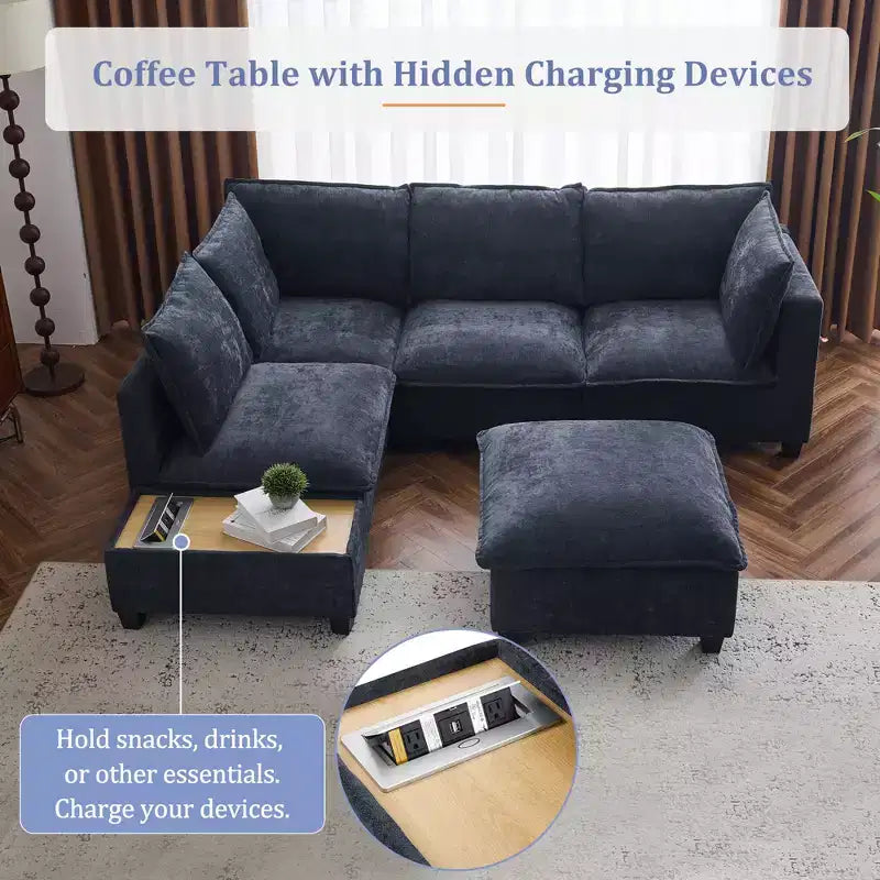Sofá Seccional Modular en Forma de U de 90 W con Otomana Movible y Mesa de Centro con Dispositivos de Carga Ocultos