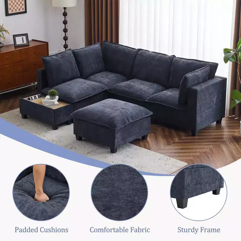 Sofá Seccional Modular en Forma de U de 90 W con Otomana Movible y Mesa de Centro con Dispositivos de Carga Ocultos