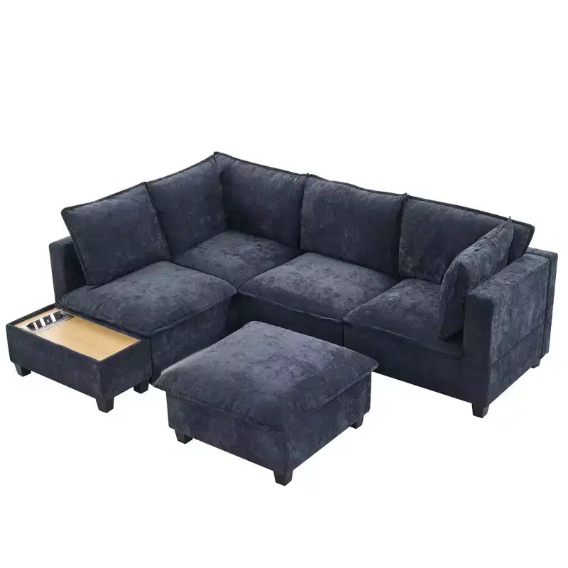 Sofá Seccional Modular en Forma de U de 90 W con Otomana Movible y Mesa de Centro con Dispositivos de Carga Ocultos