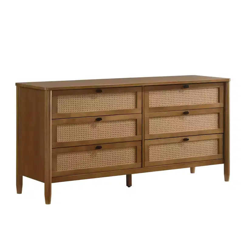 Cómoda Vichy de madera y ratán de 6 cajones con espejo