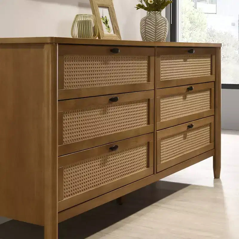 Cómoda Vichy de madera y ratán de 6 cajones con espejo