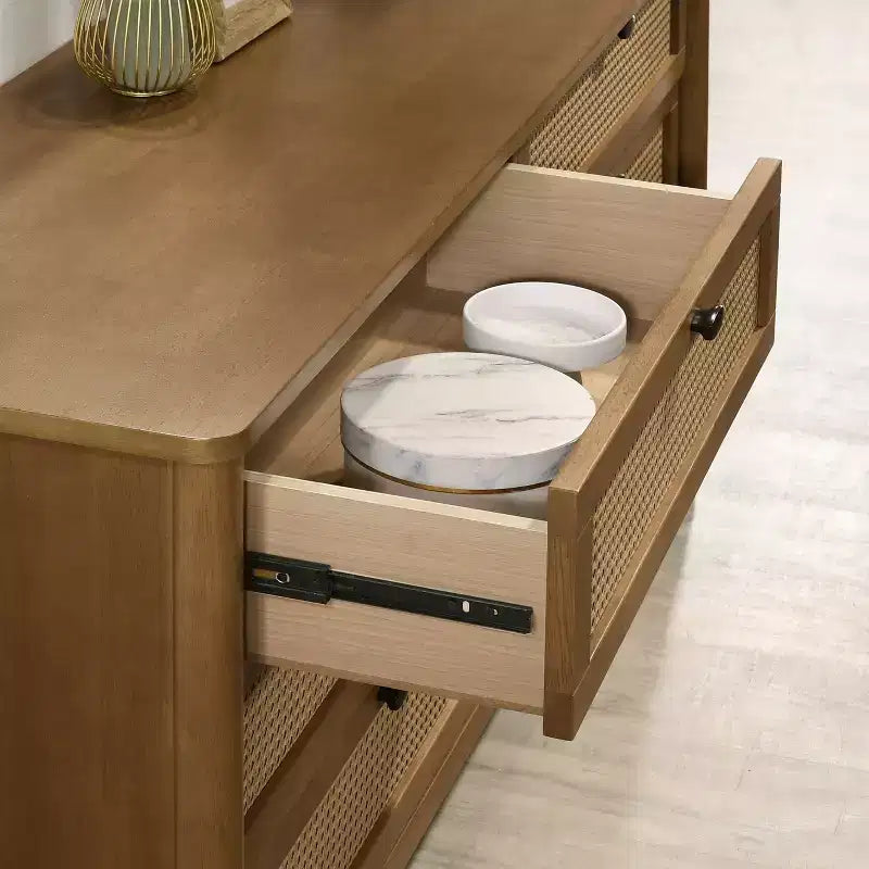 Cómoda Vichy de madera y ratán de 6 cajones con espejo