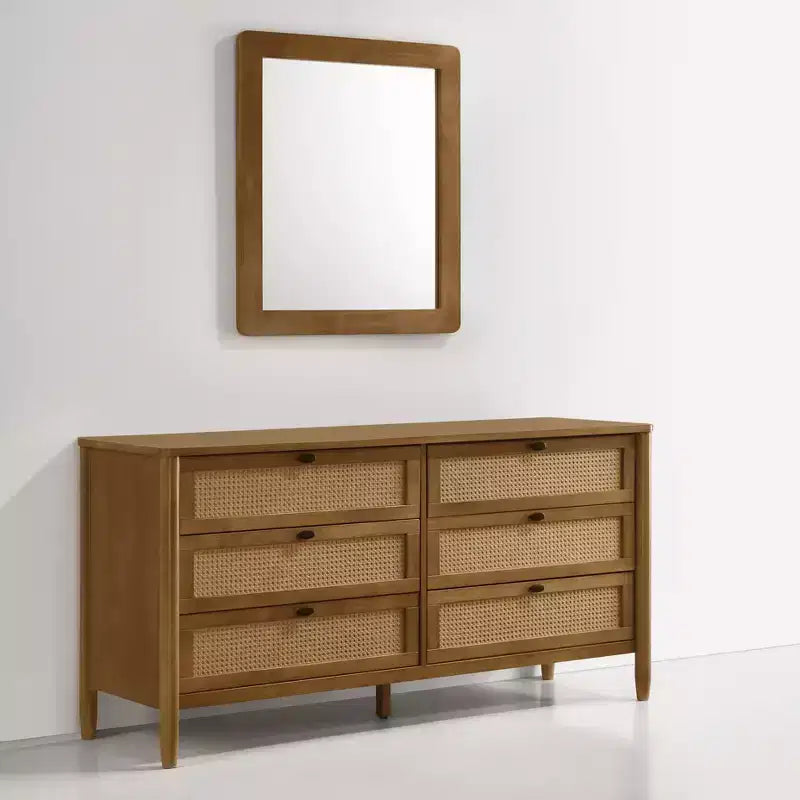 Cómoda Vichy de madera y ratán de 6 cajones con espejo