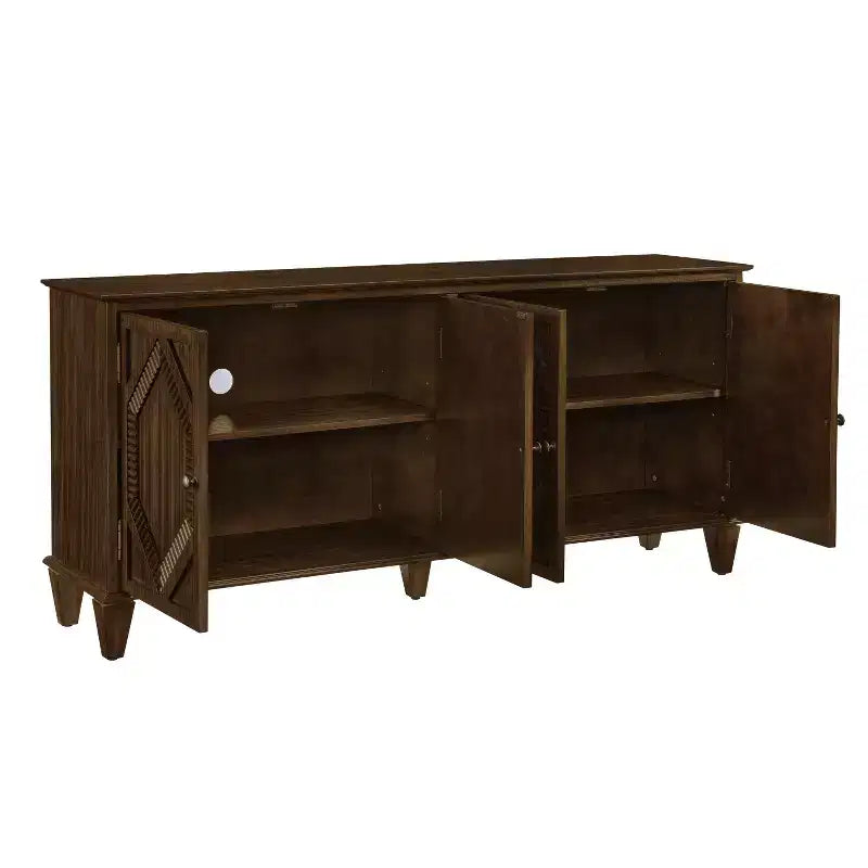 Armario auxiliar geométrico tallado en madera marrón de 66" con cuatro puertas