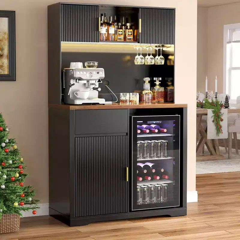 GDLF 72 Tall Bar Cabinet with Fridge Space, Fluted Coffee Liquor Hutch Cabinet with Storage