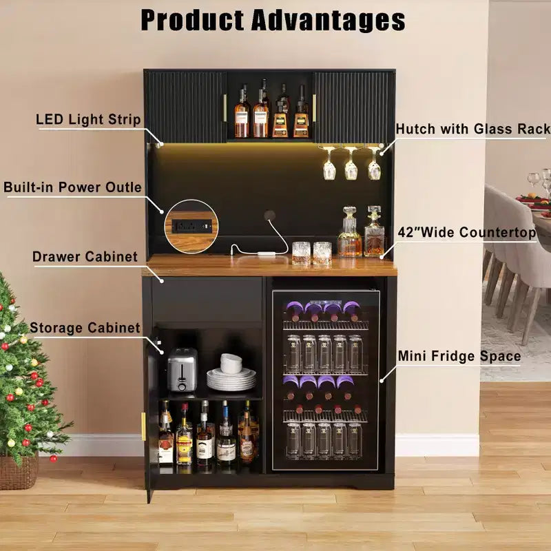 Mueble bar alto de 72 pulgadas con espacio para nevera, mueble de café y licores estriado con almacenamiento