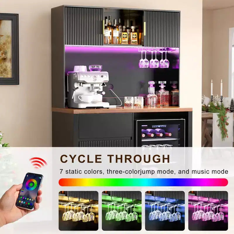 Mueble bar alto de 72 pulgadas con espacio para nevera, mueble de café y licores estriado con almacenamiento
