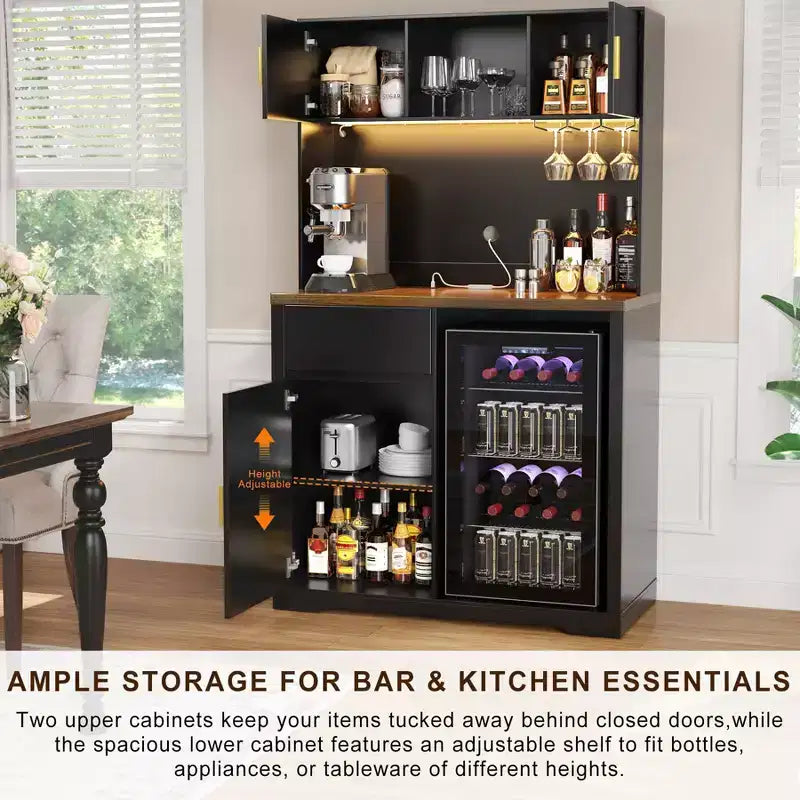 Mueble bar alto de 72 pulgadas con espacio para nevera, mueble de café y licores estriado con almacenamiento