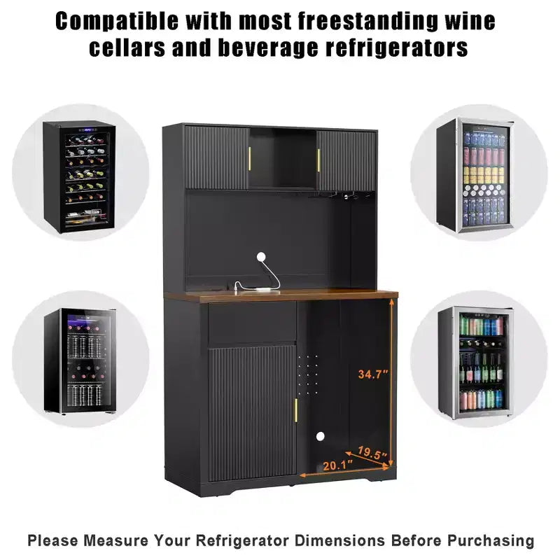 Mueble bar alto de 72 pulgadas con espacio para nevera, mueble de café y licores estriado con almacenamiento