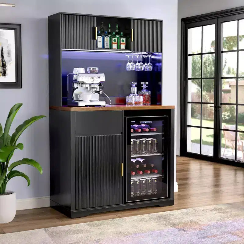 Mueble bar alto de 72 pulgadas con espacio para nevera, mueble de café y licores estriado con almacenamiento