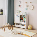 Estantería de Almacenamiento Blanca para Niños Gabinete de Almacenamiento de Juguetes Puerta Corredera + Contenedores con Ruedas + Estantes Multicapa