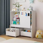 Estantería de Almacenamiento Blanca para Niños Gabinete de Almacenamiento de Juguetes Puerta Corredera + Contenedores con Ruedas + Estantes Multicapa