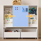 Estantería de Almacenamiento Blanca para Niños Gabinete de Almacenamiento de Juguetes Puerta Corredera + Contenedores con Ruedas + Estantes Multicapa
