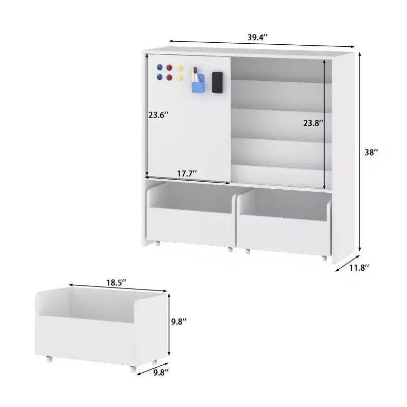 Estantería de Almacenamiento Blanca para Niños Gabinete de Almacenamiento de Juguetes Puerta Corredera + Contenedores con Ruedas + Estantes Multicapa