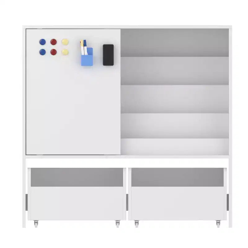 Estantería de Almacenamiento Blanca para Niños Gabinete de Almacenamiento de Juguetes Puerta Corredera + Contenedores con Ruedas + Estantes Multicapa