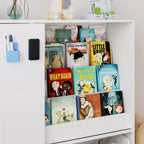 Estantería de Almacenamiento Blanca para Niños Gabinete de Almacenamiento de Juguetes Puerta Corredera + Contenedores con Ruedas + Estantes Multicapa