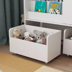 Estantería de Almacenamiento Blanca para Niños Gabinete de Almacenamiento de Juguetes Puerta Corredera + Contenedores con Ruedas + Estantes Multicapa