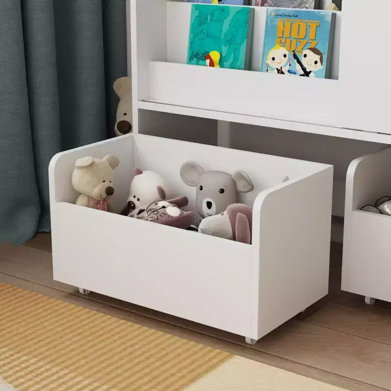 Estantería de Almacenamiento Blanca para Niños Gabinete de Almacenamiento de Juguetes Puerta Corredera + Contenedores con Ruedas + Estantes Multicapa