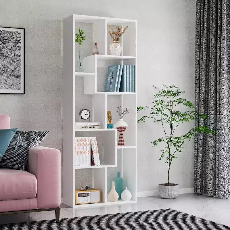 Estantería y expositor asimétrico de 5 niveles - Librería geométrica moderna con diseño de cubos escalonados para sala de estar y oficina en casa