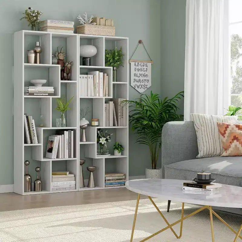 Estantería y expositor asimétrico de 5 niveles - Librería geométrica moderna con diseño de cubos escalonados para sala de estar y oficina en casa