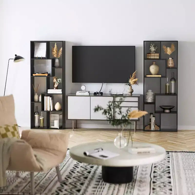 Estantería y expositor asimétrico de 5 niveles - Librería geométrica moderna con diseño de cubos escalonados para sala de estar y oficina en casa