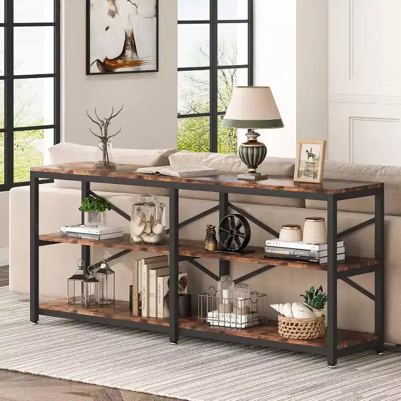 Lantine 70.9-Inch Extra Long Console Table, Modern Sofa Table with Storage Shelves, 3-Tier Industrial Hallway Entryway Table for Living Room, Brown