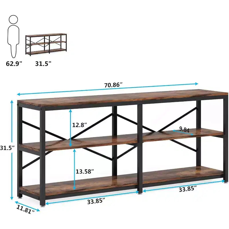 Mesa de consola extra larga de 70.9 pulgadas, mesa de sofá moderna con estantes de almacenamiento, mesa de entrada de pasillo industrial de 3 niveles para sala de estar, marrón
