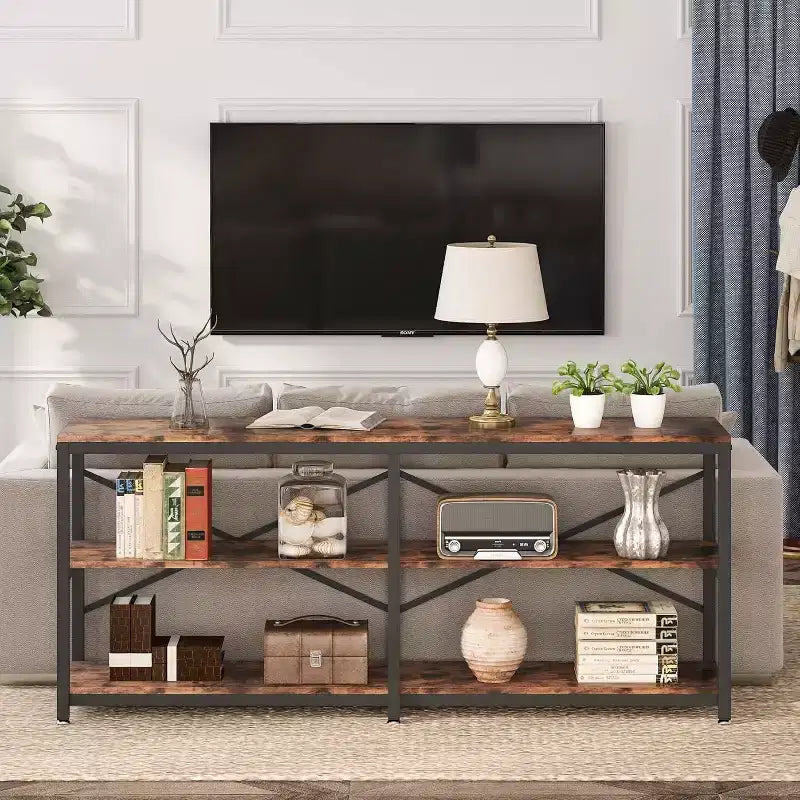 Mesa de consola extra larga de 70.9 pulgadas, mesa de sofá moderna con estantes de almacenamiento, mesa de entrada de pasillo industrial de 3 niveles para sala de estar, marrón